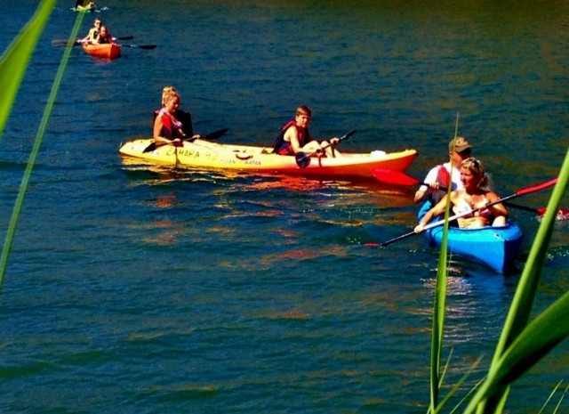  famílias andando de caiaque no lago 
